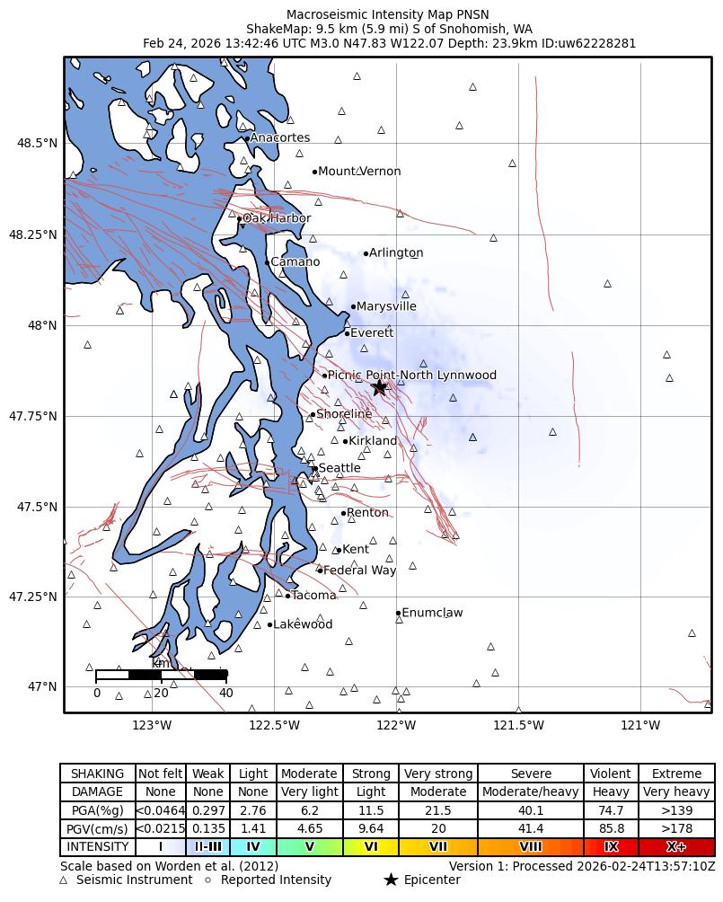 USGS ShakeMap: estimated shaking intensity around the epicenter