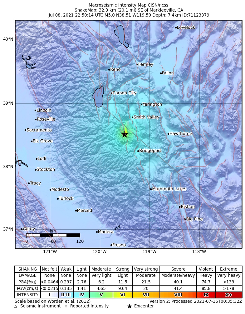 USGS ShakeMap: estimated shaking intensity around the epicenter