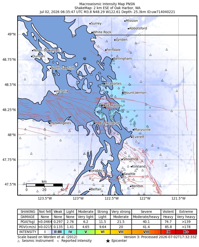 USGS ShakeMap intensity contours for the M3.8 earthquake near 2 km E of Oak Harbor, Washington