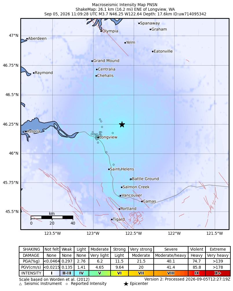 USGS ShakeMap: estimated shaking intensity around the epicenter