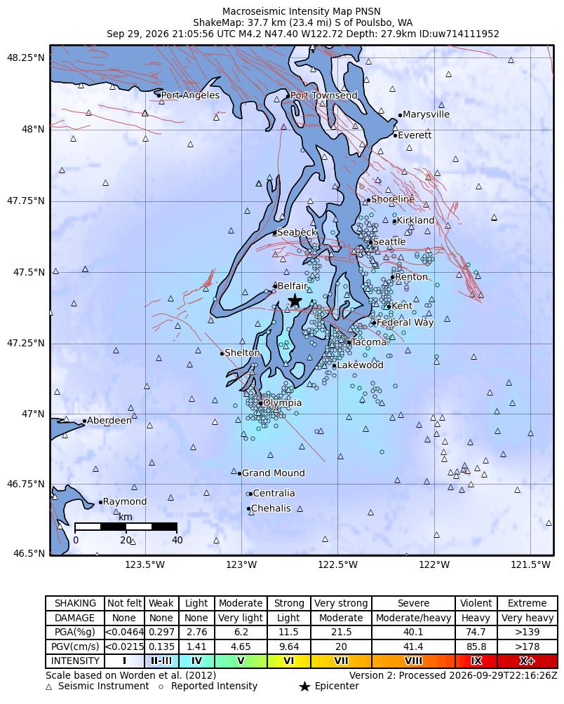 USGS ShakeMap: estimated shaking intensity around the epicenter