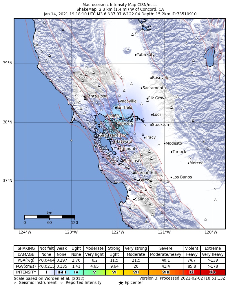 USGS ShakeMap intensity contours for the M3.6 earthquake near 2km W of Concord, CA