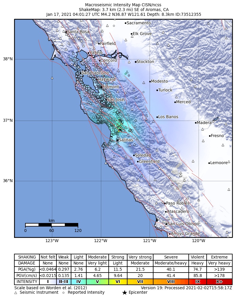 USGS ShakeMap: estimated shaking intensity around the epicenter
