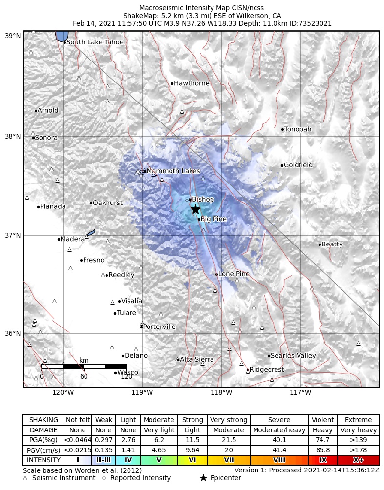 USGS ShakeMap: estimated shaking intensity around the epicenter