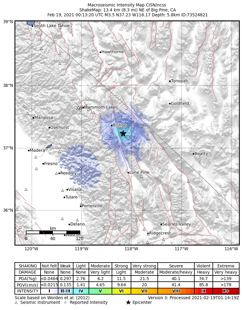 USGS ShakeMap: estimated shaking intensity around the epicenter
