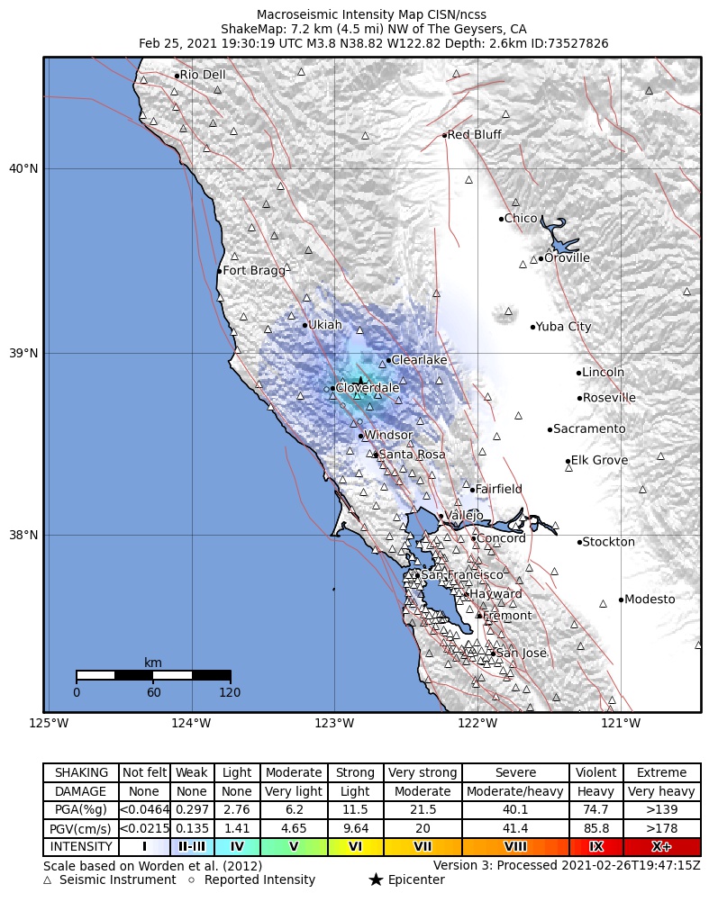 USGS ShakeMap intensity contours for the M3.8 earthquake near 7km NW of The Geysers, CA