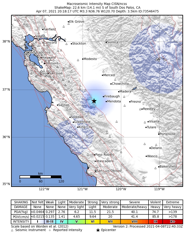 USGS ShakeMap intensity contours for the M3.3 earthquake near 23km S of South Dos Palos, CA