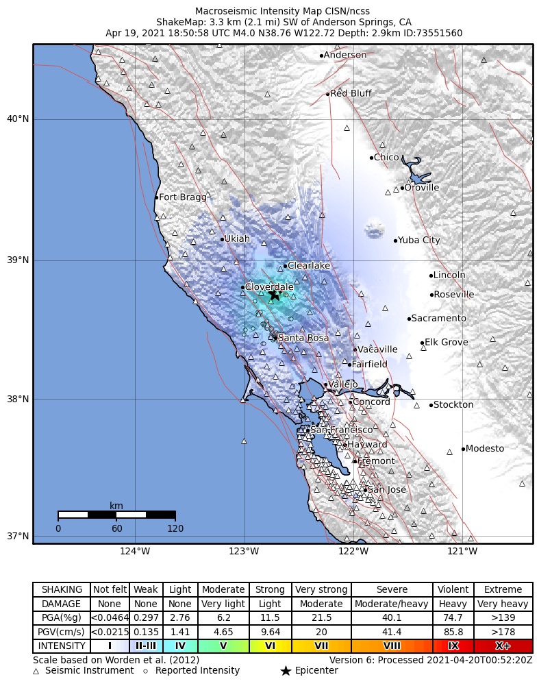 USGS ShakeMap intensity contours for the M4.0 earthquake near 3km SW of Anderson Springs, CA
