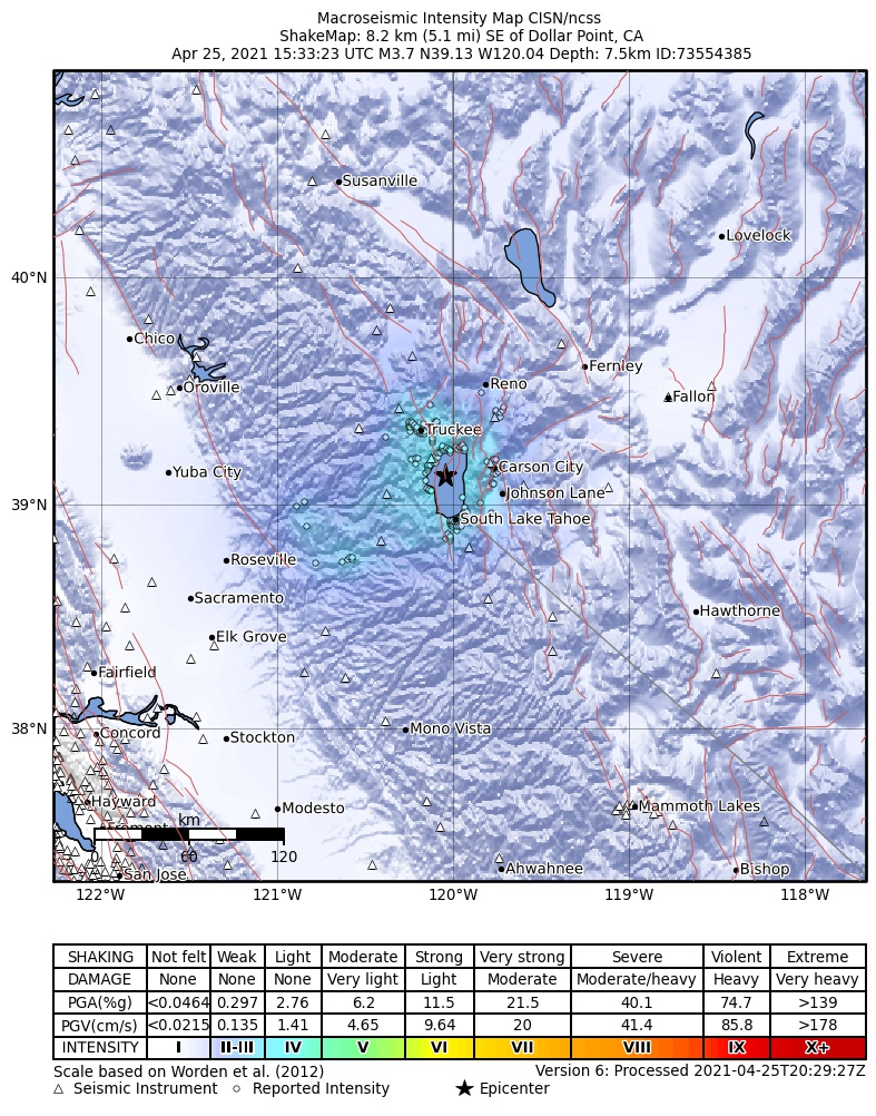 USGS ShakeMap: estimated shaking intensity around the epicenter