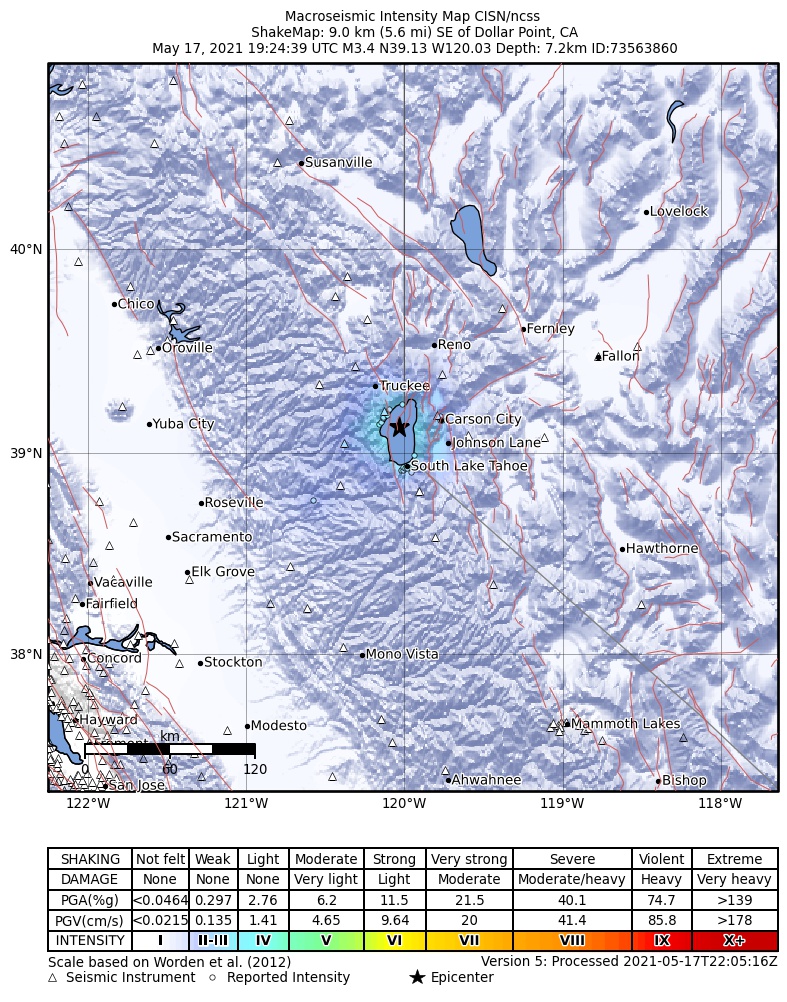 USGS ShakeMap intensity contours for the M3.4 earthquake near 9km SE of Dollar Point, CA
