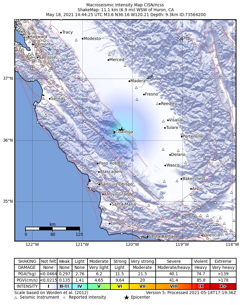 USGS ShakeMap: estimated shaking intensity around the epicenter
