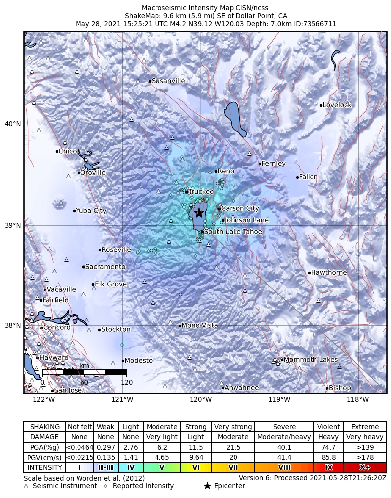 USGS ShakeMap: estimated shaking intensity around the epicenter