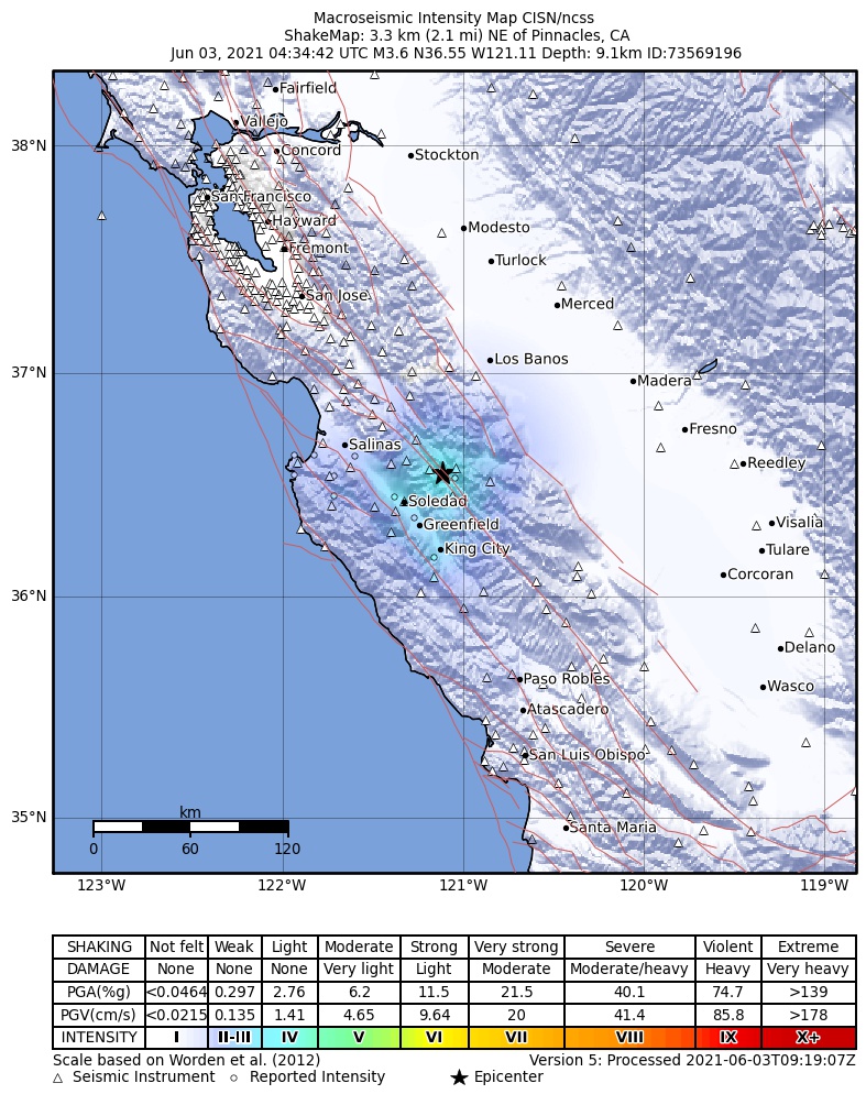 USGS ShakeMap: estimated shaking intensity around the epicenter