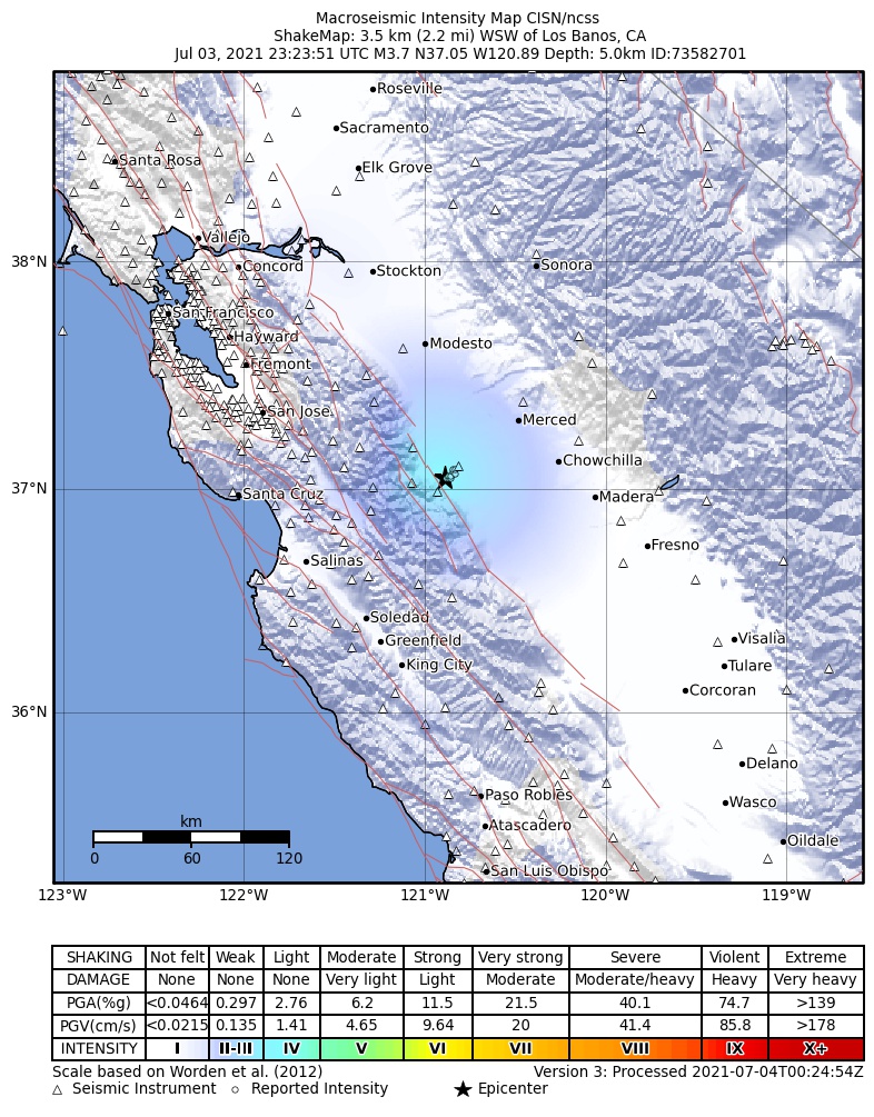 USGS ShakeMap intensity contours for the M3.7 earthquake near 2km WSW of Los Banos, CA