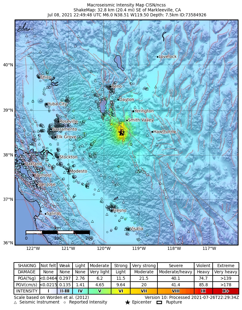 USGS ShakeMap intensity contours for the M6.0 earthquake near Antelope Valley, CA