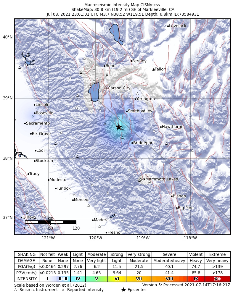 USGS ShakeMap: estimated shaking intensity around the epicenter