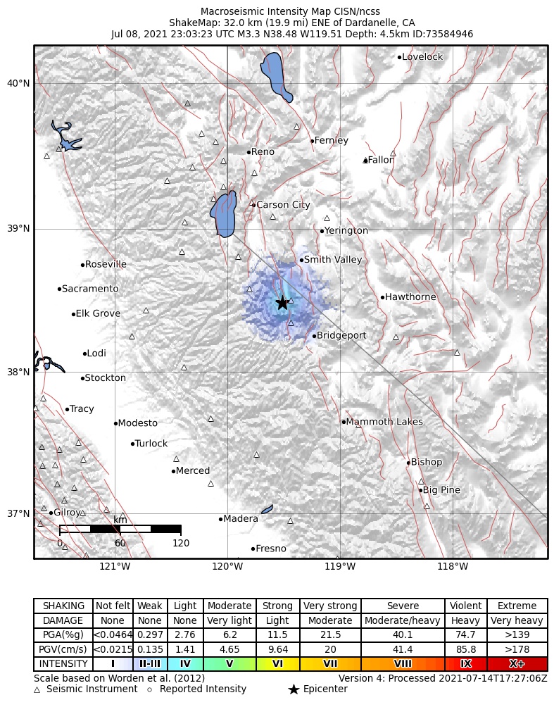 USGS ShakeMap: estimated shaking intensity around the epicenter