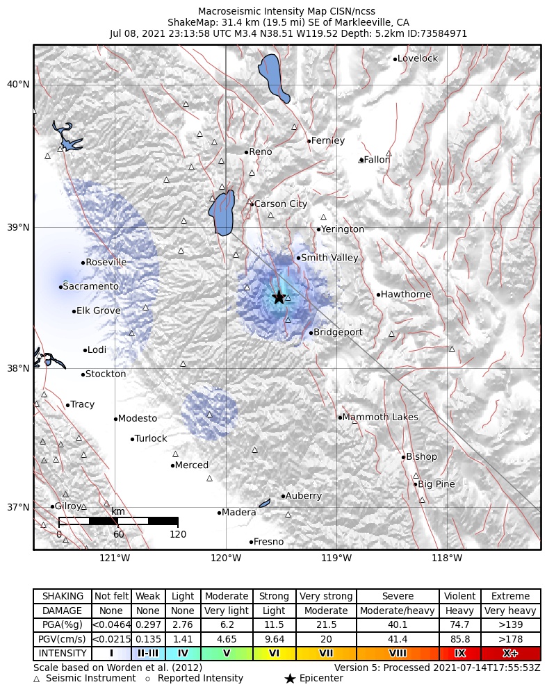 USGS ShakeMap: estimated shaking intensity around the epicenter