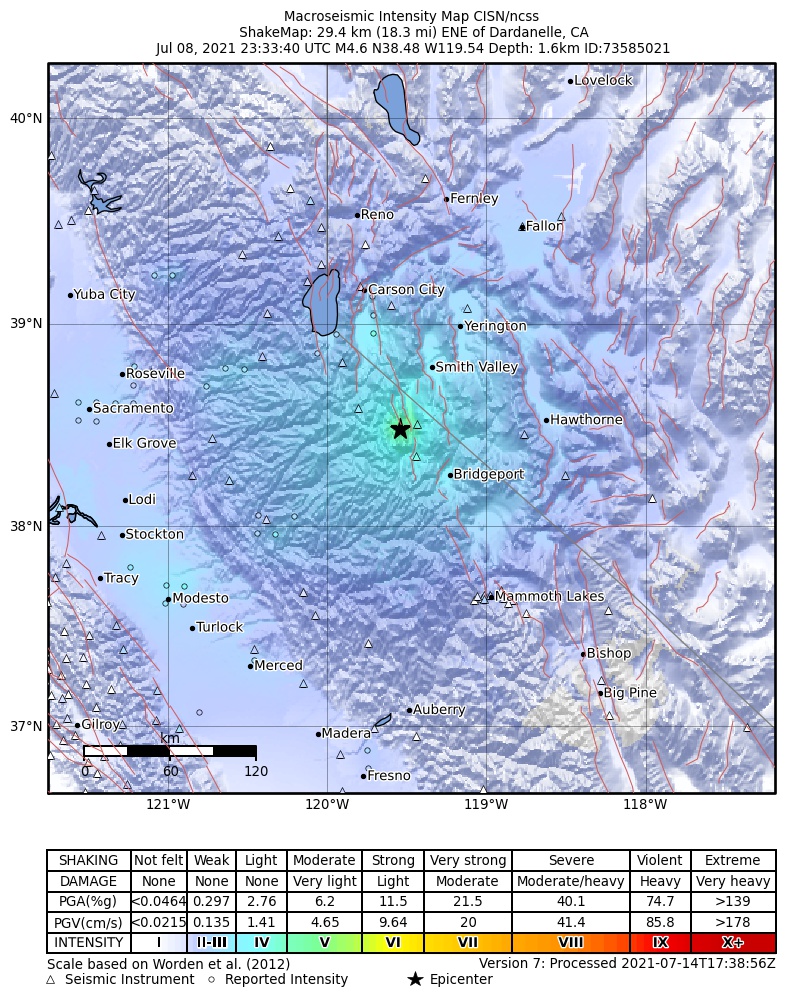 USGS ShakeMap intensity contours for the M4.6 earthquake near 29km ENE of Dardanelle, CA