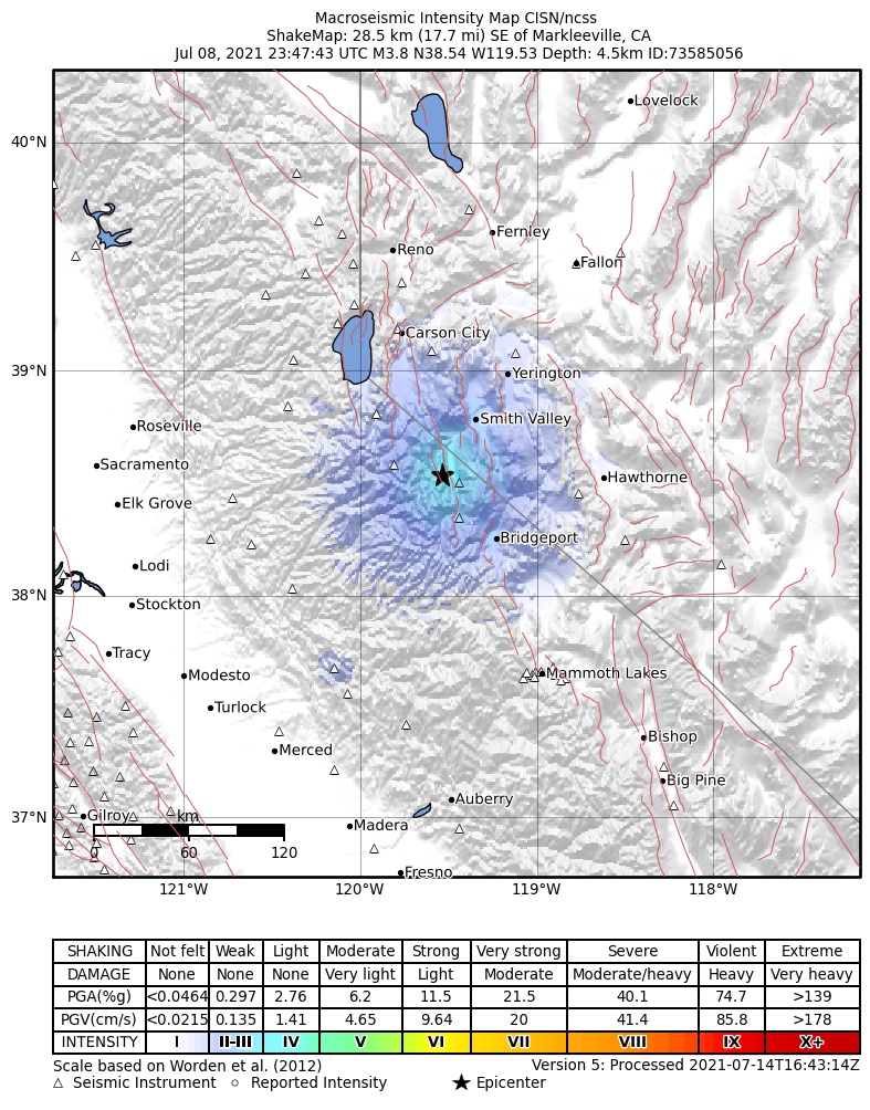 USGS ShakeMap intensity contours for the M3.8 earthquake near 28km SE of Markleeville, CA
