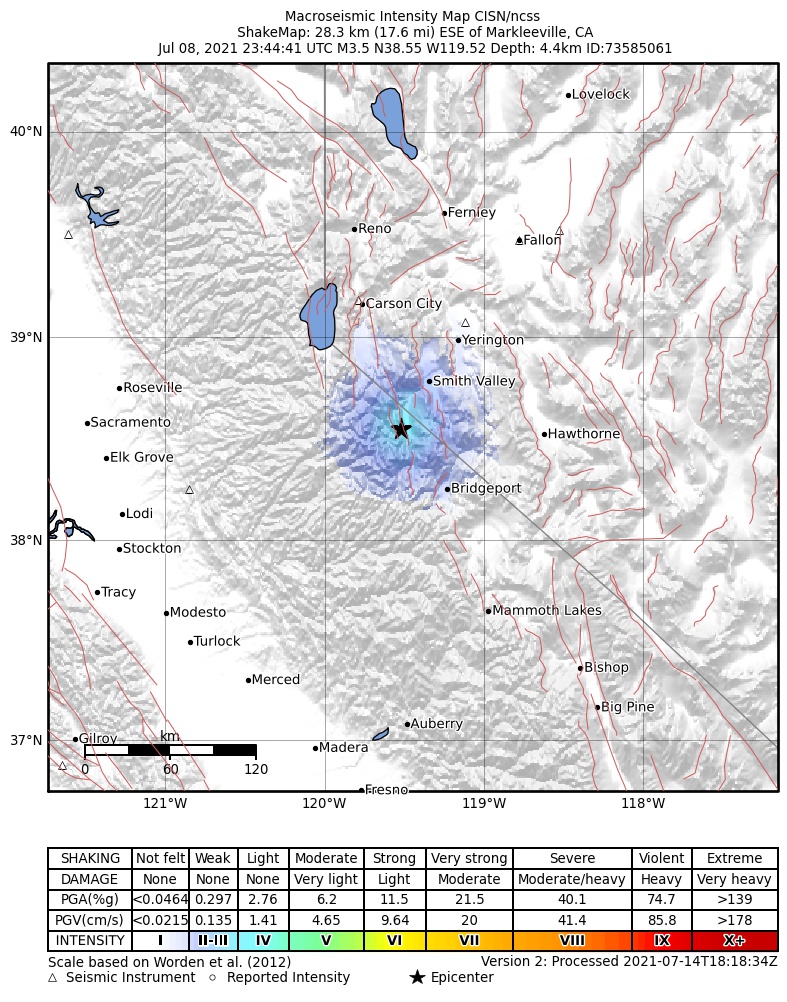 USGS ShakeMap intensity contours for the M3.5 earthquake near 28km ESE of Markleeville, CA