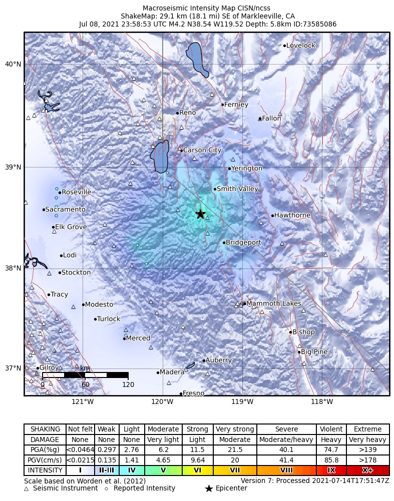 USGS ShakeMap intensity contours for the M4.2 earthquake near 29km SE of Markleeville, CA