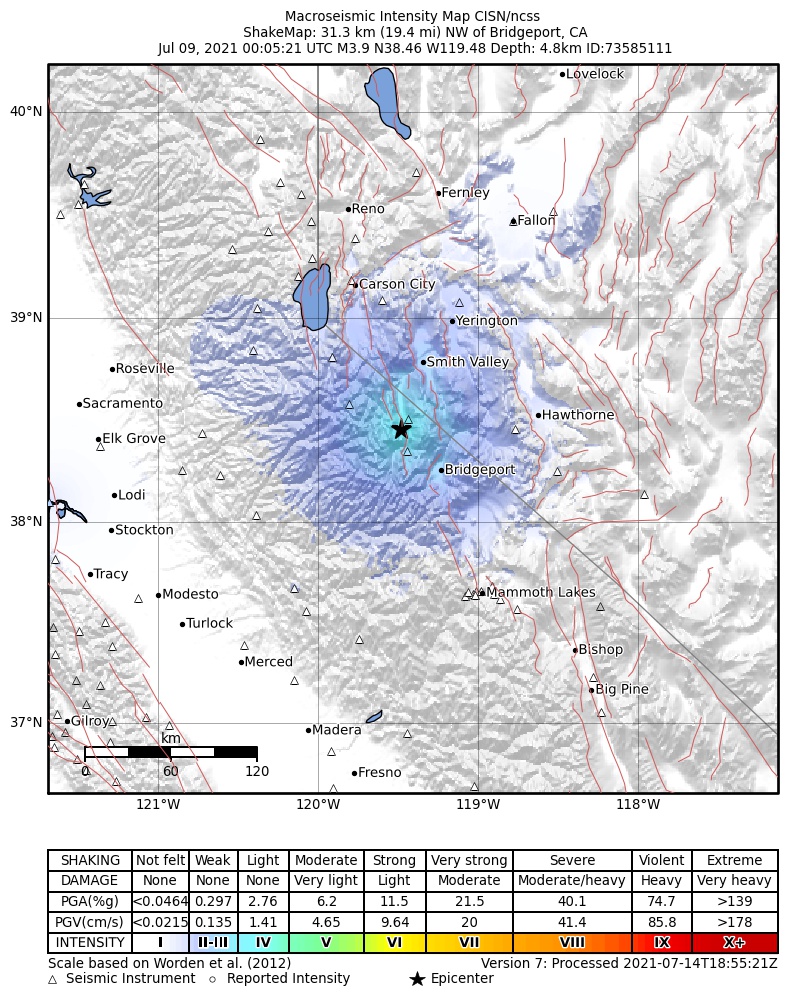 USGS ShakeMap: estimated shaking intensity around the epicenter