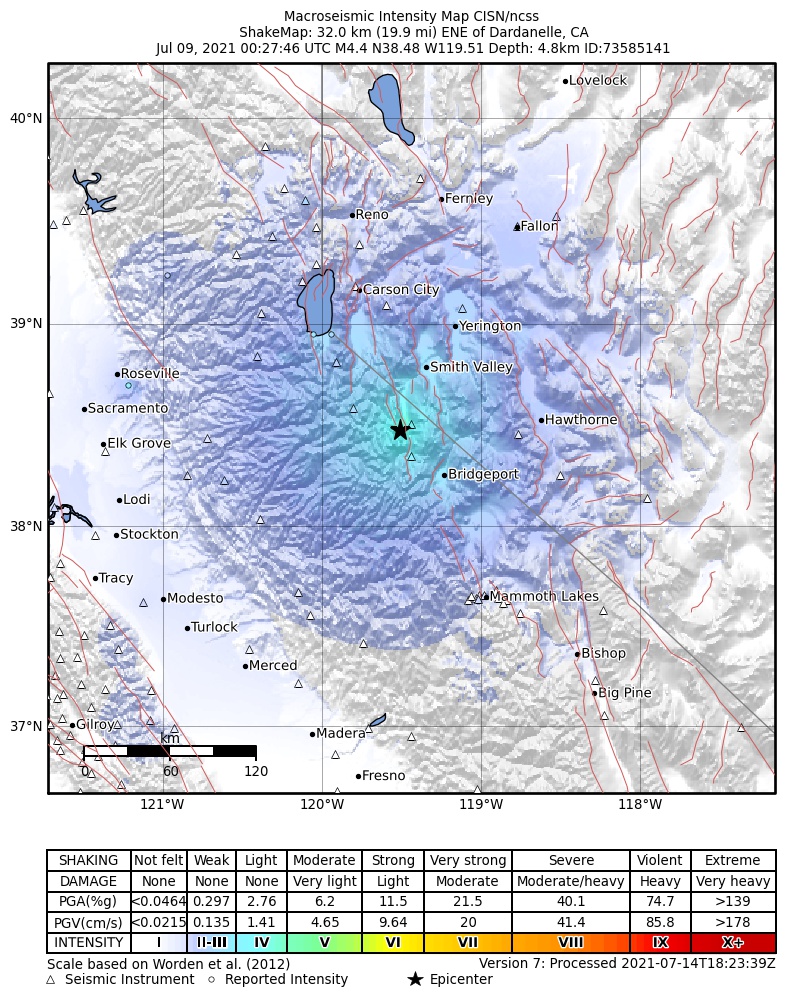 USGS ShakeMap: estimated shaking intensity around the epicenter