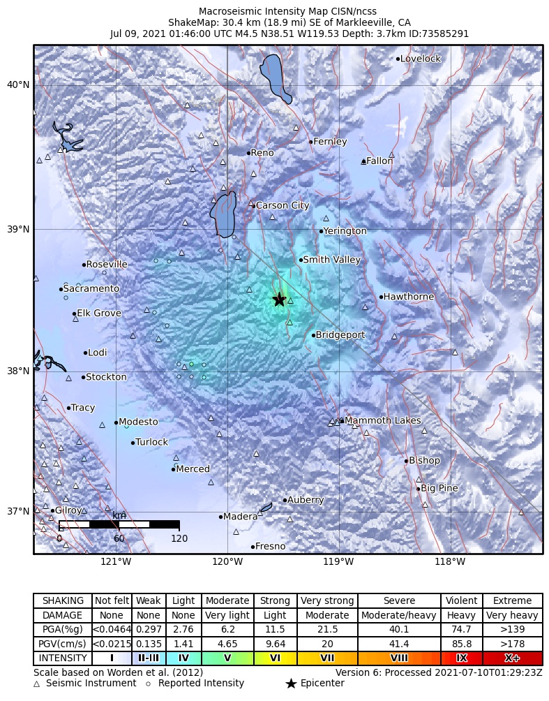 USGS ShakeMap: estimated shaking intensity around the epicenter