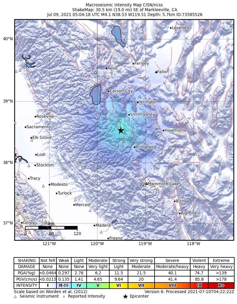 USGS ShakeMap: estimated shaking intensity around the epicenter
