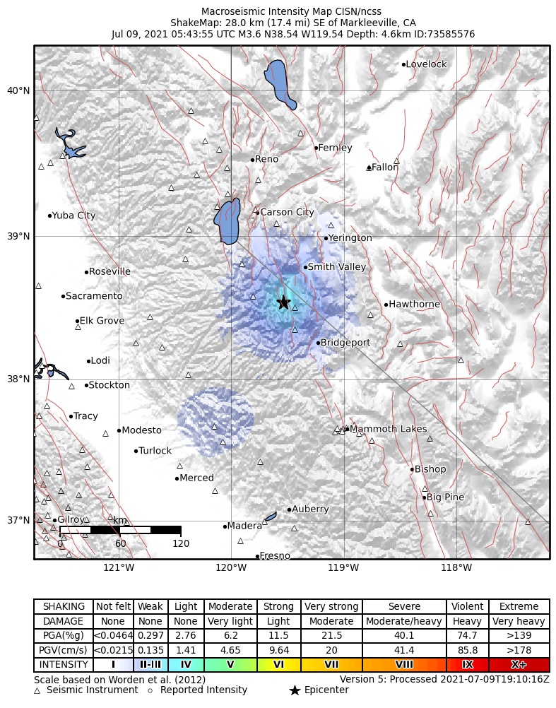 USGS ShakeMap: estimated shaking intensity around the epicenter