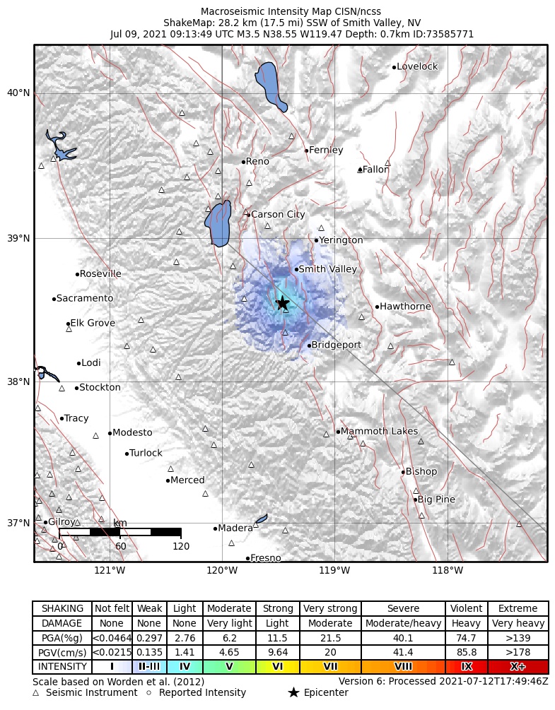 USGS ShakeMap: estimated shaking intensity around the epicenter
