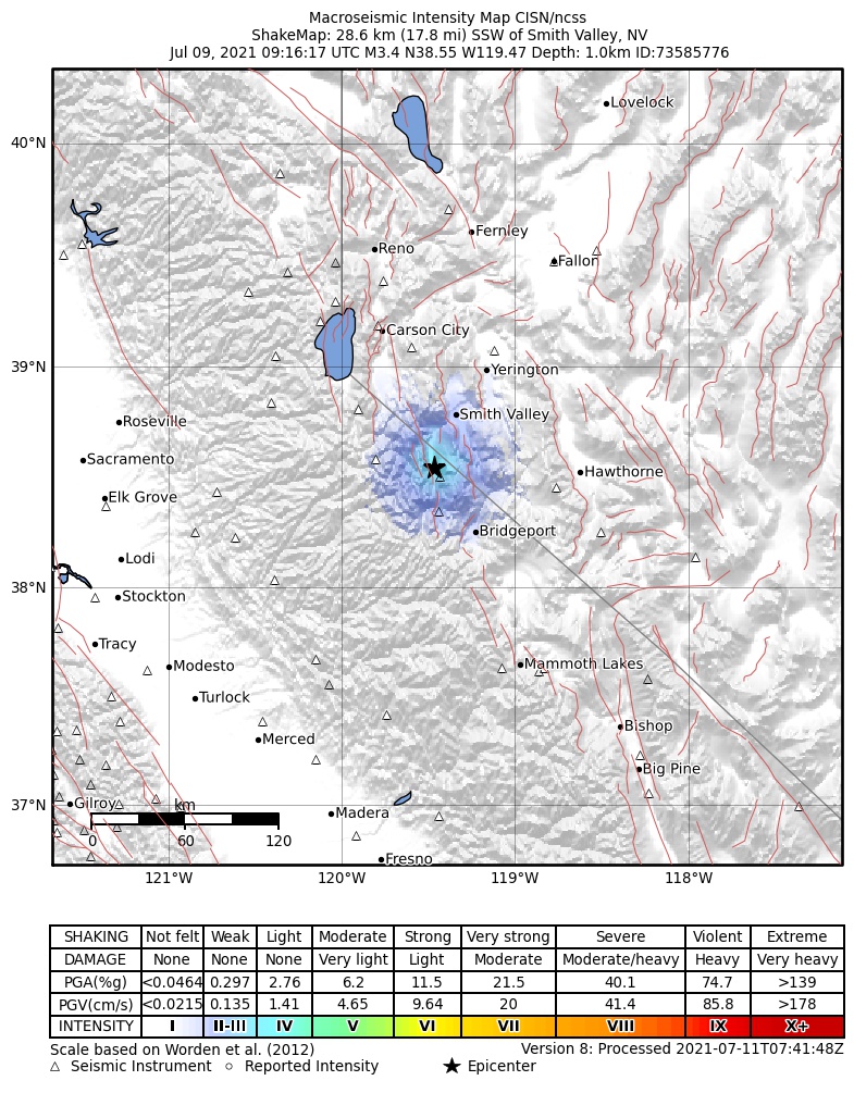 USGS ShakeMap: estimated shaking intensity around the epicenter