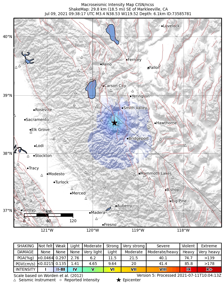USGS ShakeMap: estimated shaking intensity around the epicenter