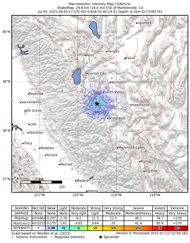 USGS ShakeMap: estimated shaking intensity around the epicenter