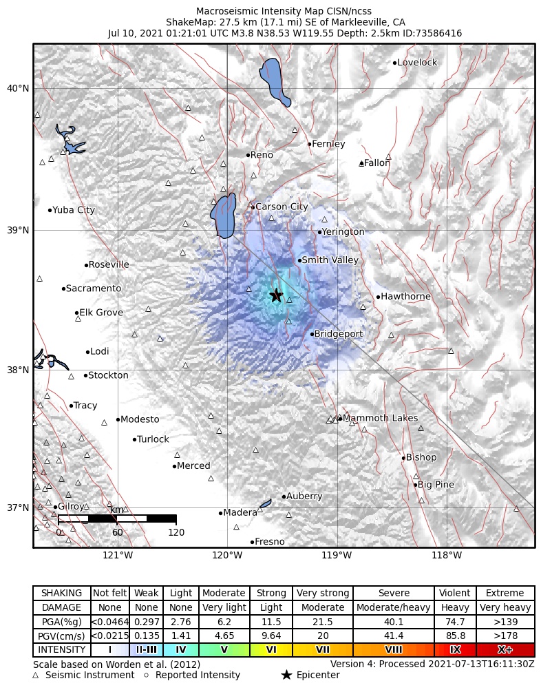USGS ShakeMap: estimated shaking intensity around the epicenter