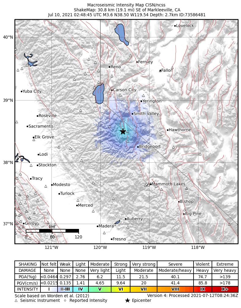 USGS ShakeMap: estimated shaking intensity around the epicenter