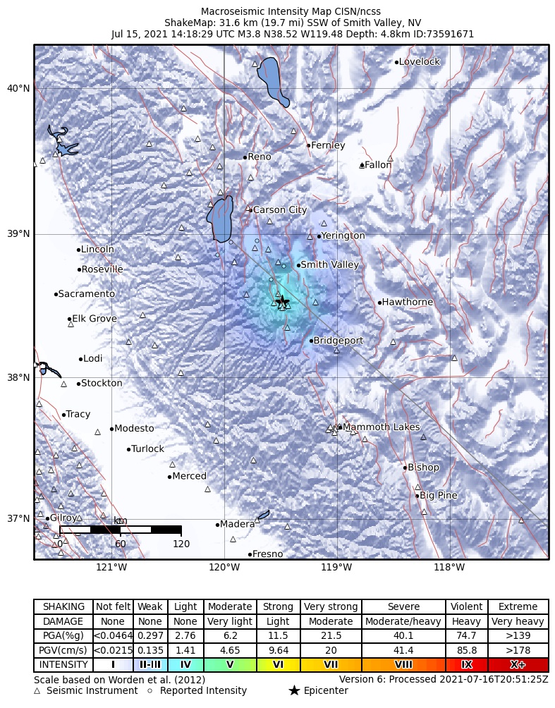 USGS ShakeMap: estimated shaking intensity around the epicenter