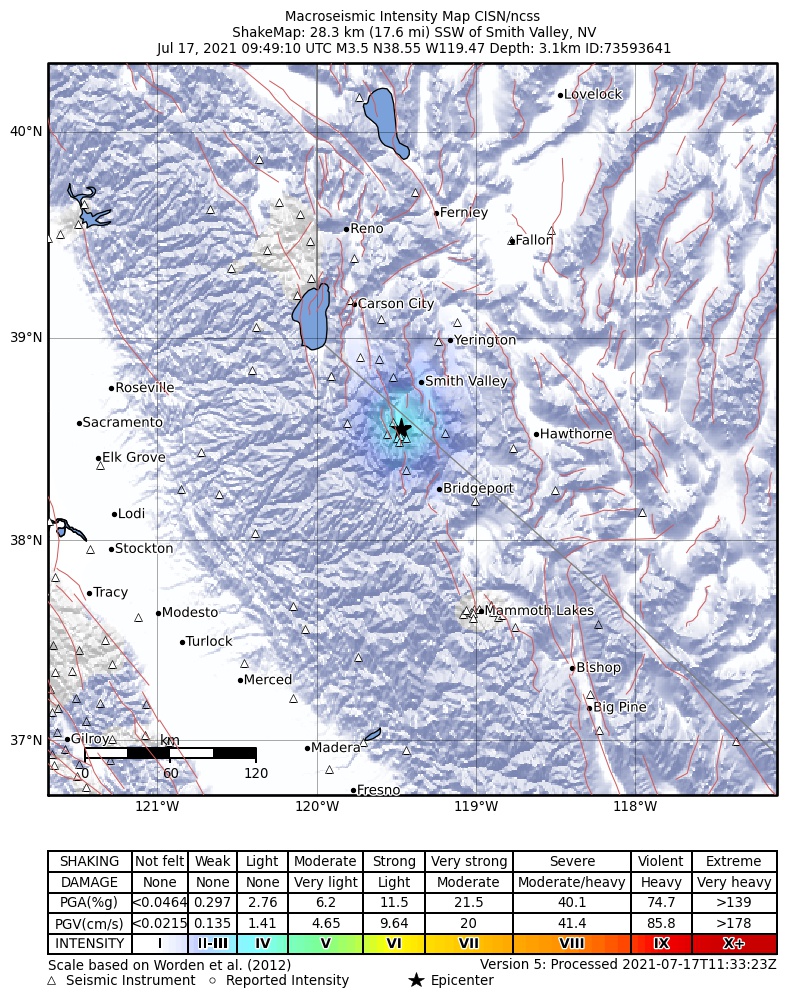 USGS ShakeMap: estimated shaking intensity around the epicenter