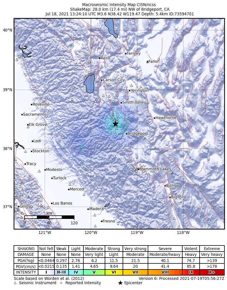 USGS ShakeMap: estimated shaking intensity around the epicenter