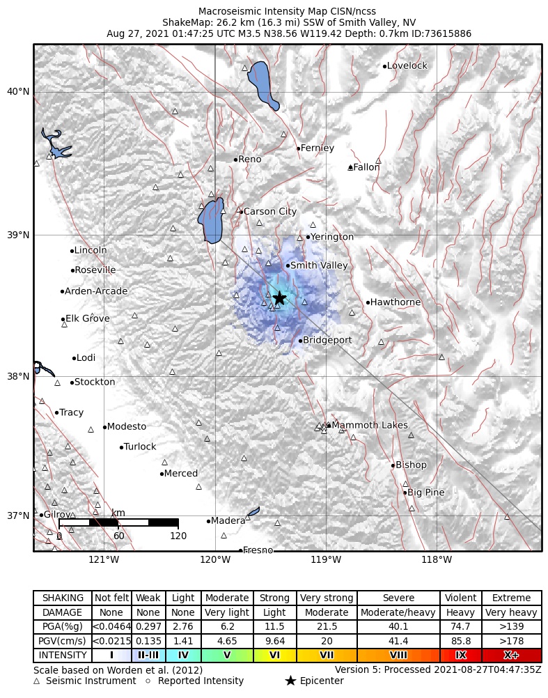 USGS ShakeMap: estimated shaking intensity around the epicenter