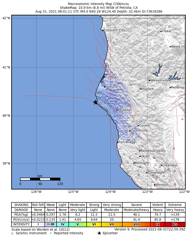 USGS ShakeMap: estimated shaking intensity around the epicenter