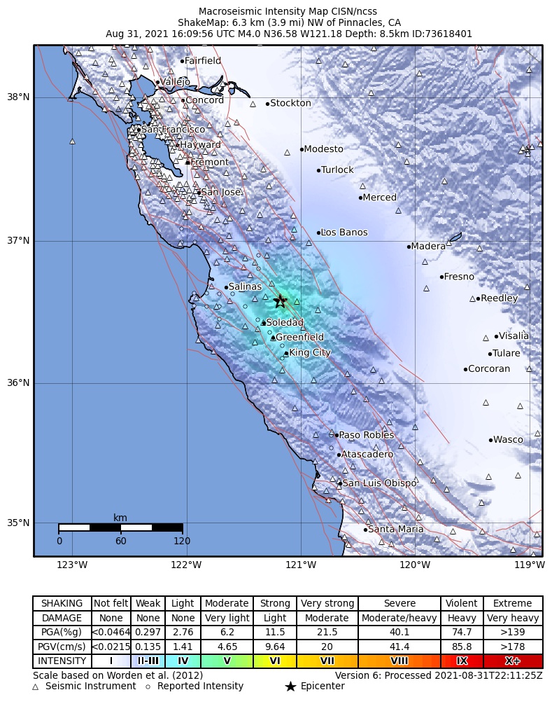 USGS ShakeMap: estimated shaking intensity around the epicenter