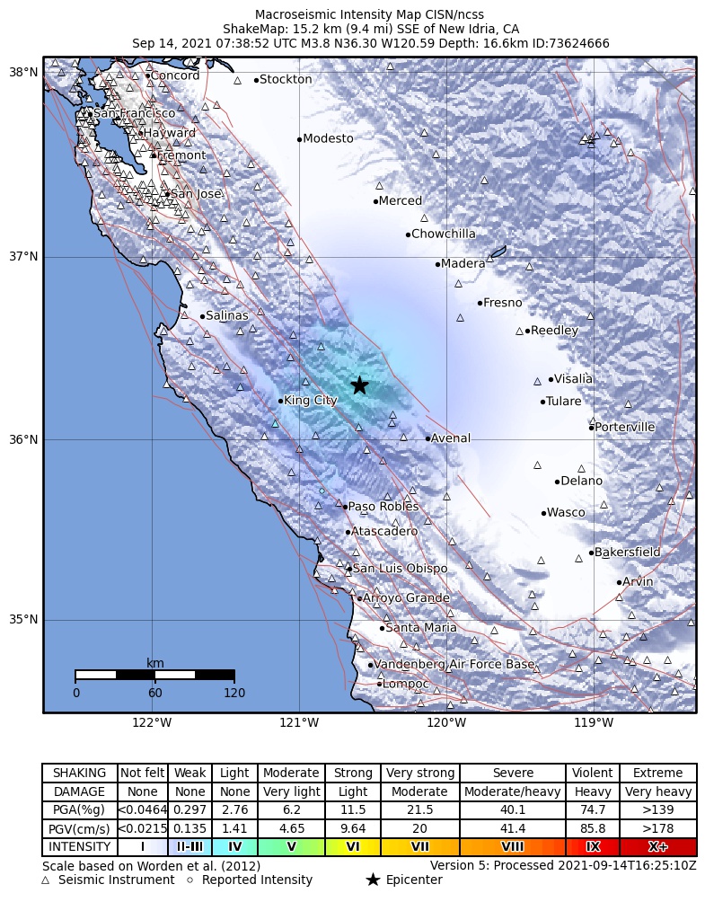 USGS ShakeMap: estimated shaking intensity around the epicenter
