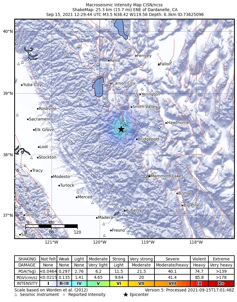USGS ShakeMap: estimated shaking intensity around the epicenter