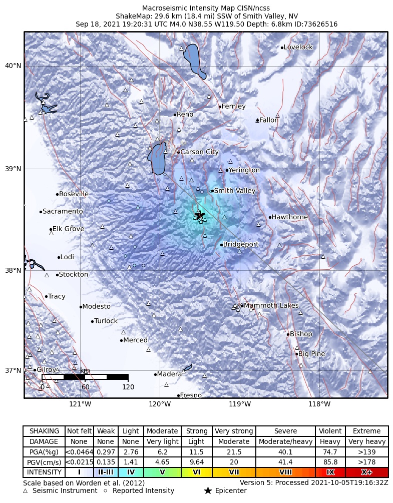 USGS ShakeMap intensity contours for the M4.0 earthquake near 30km SSW of Smith Valley, NV