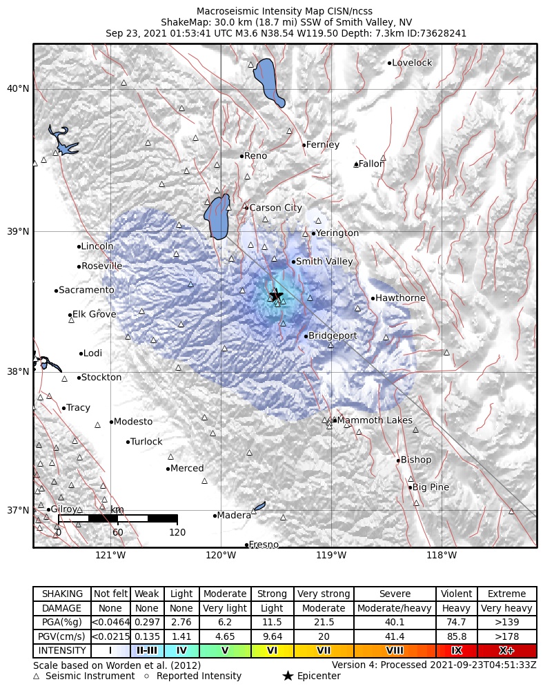 USGS ShakeMap: estimated shaking intensity around the epicenter
