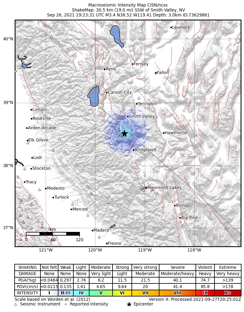 USGS ShakeMap intensity contours for the M3.4 earthquake near 30km SSW of Smith Valley, NV