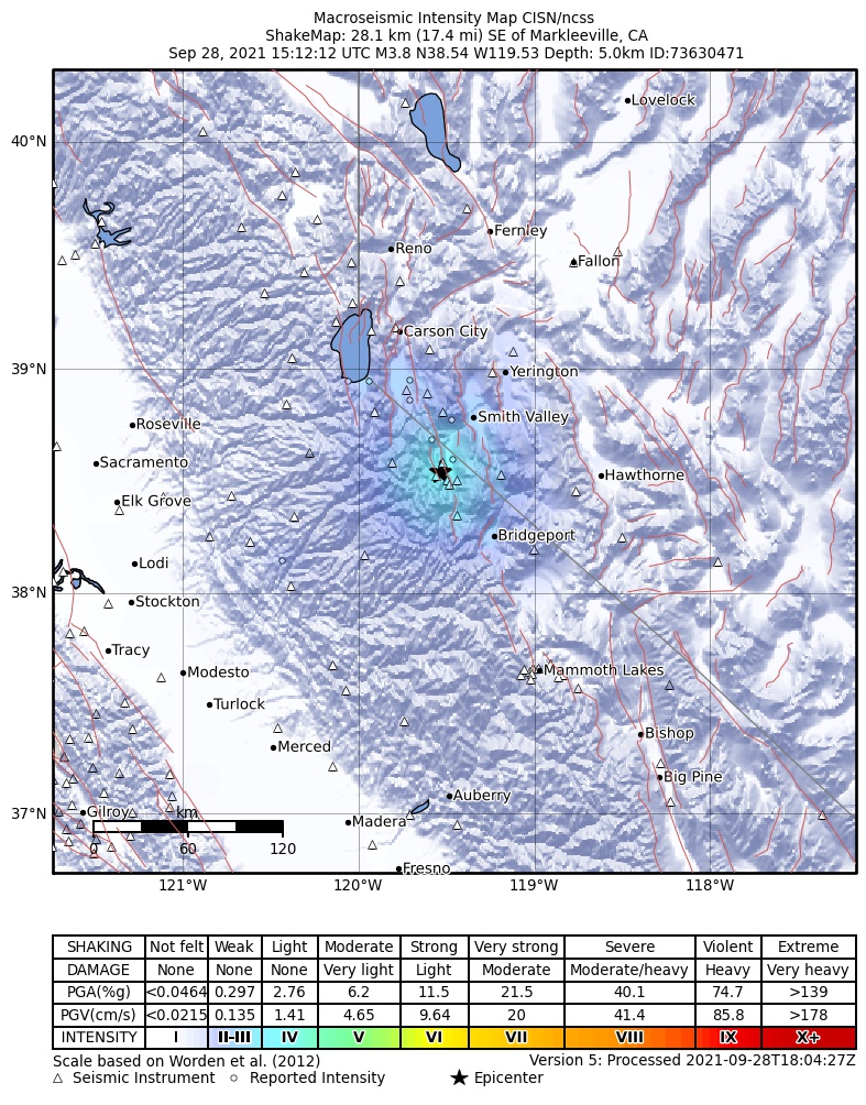 USGS ShakeMap: estimated shaking intensity around the epicenter