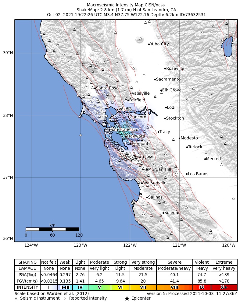 USGS ShakeMap intensity contours for the M3.4 earthquake near 3km N of San Leandro, CA